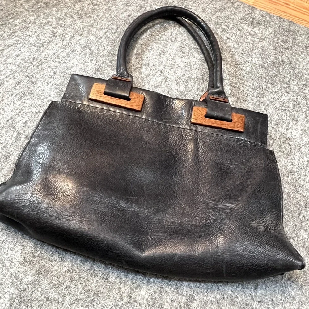 Francisco Mondet Leather and Wood Tote Bag Purse Large Designer Handmade Fashion